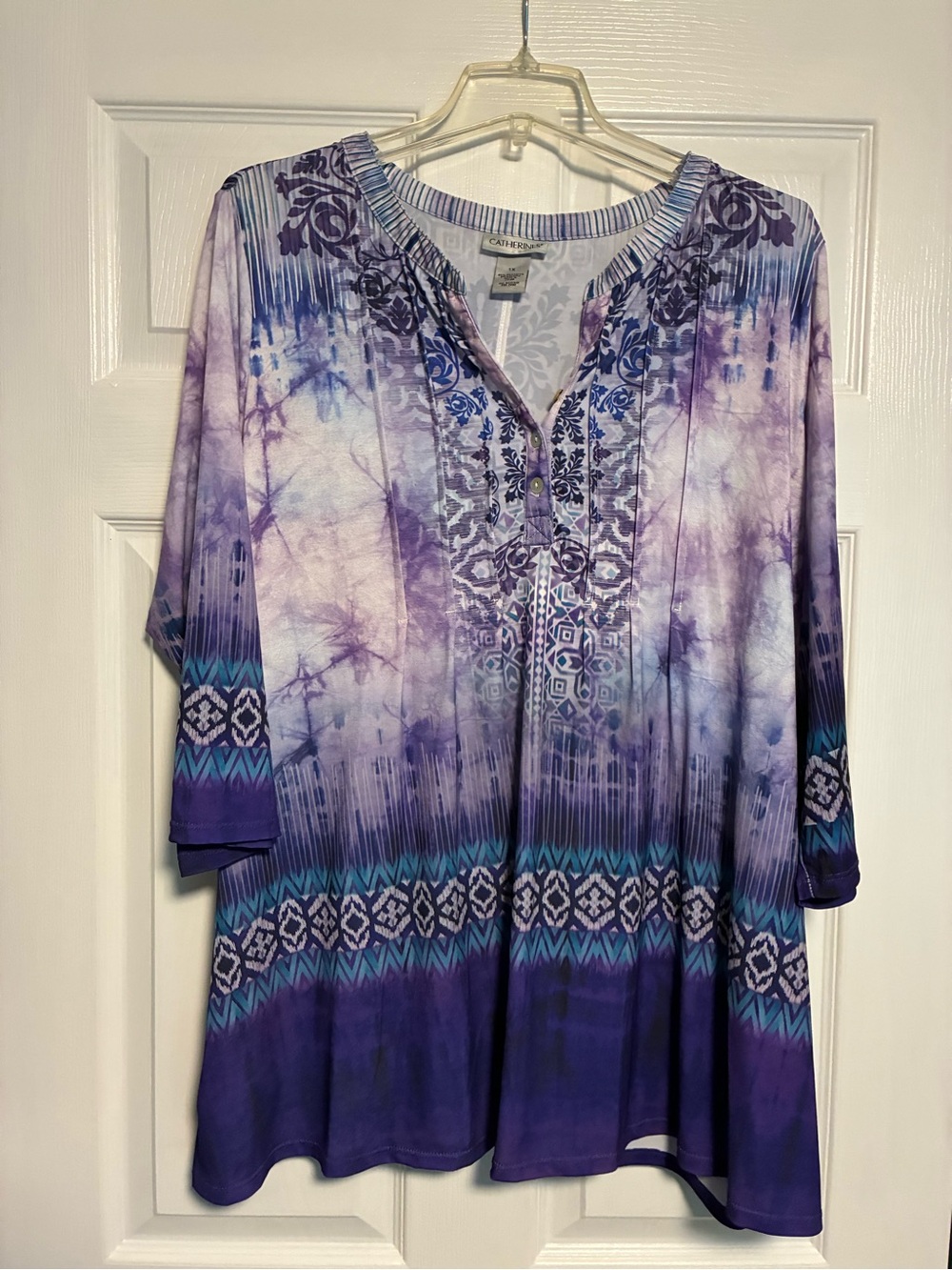 Catherines Purple Tie-Dye Embroidered Flutter Sleeve Tunic Top